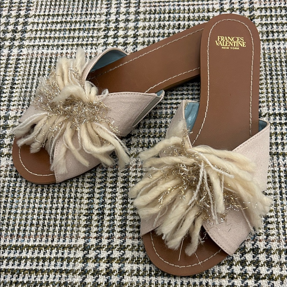 Frances Valentine Cream Slide Sandals with Metallic Thread Pom